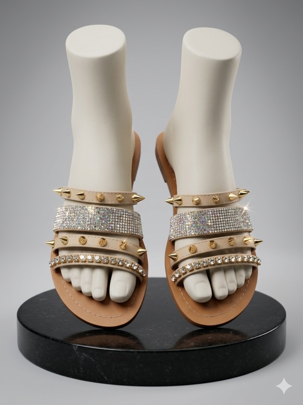 Women's Nude Crystal & Stud Slide Sandals